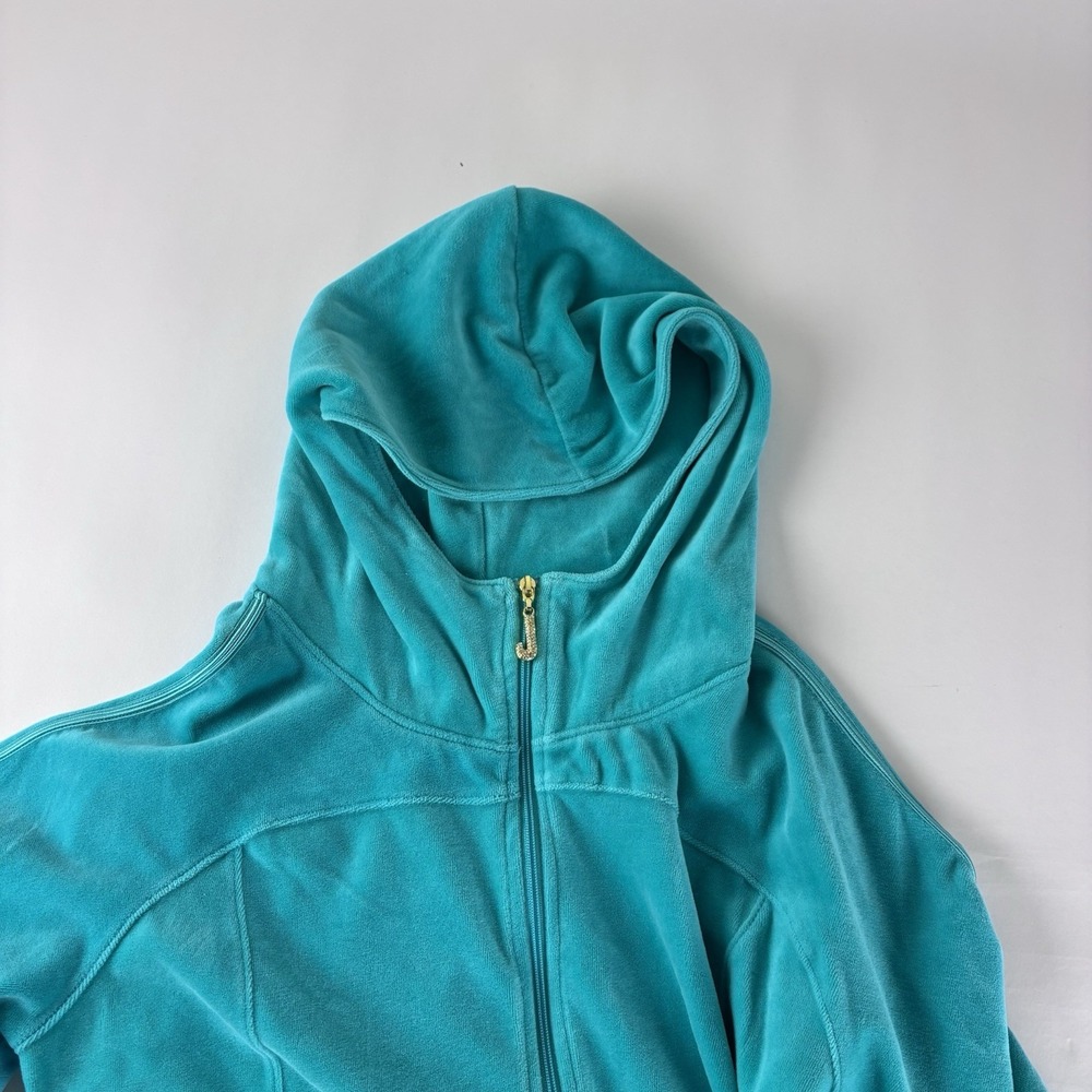Juicy Couture Teal Velour Zip Up Hoodie Jacket Women's Medium Rhinestone Logo - Picture 5 of 12